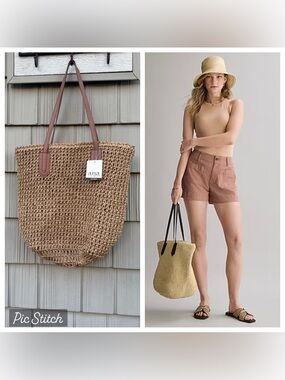 NWT Tan Woven Straw Tote with Brown Vegan Leather straps